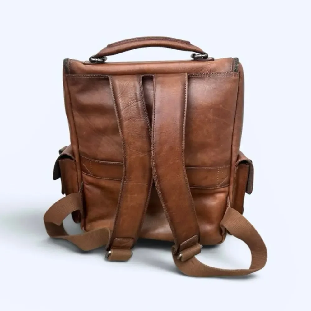 Velez Genuine Leather Archaeology Backpack Satchel Brown Multi-Pocket Laptop Bag